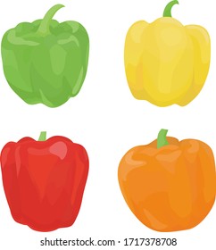 Four different colored paprika on a white background.