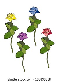Four different colored roses