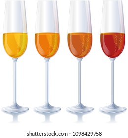 Four different colored sparkling wine glasses