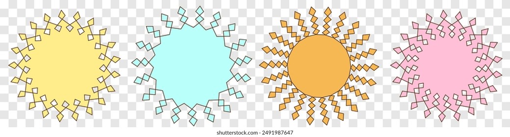 Se muestran cuatro soles de diferentes colores en una fila. Los soles son amarillos, rosas, azules y verdes