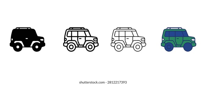 Four different colored SUV vehicle icons in silhouette outline and filled colors on white background for design and transportation concepts