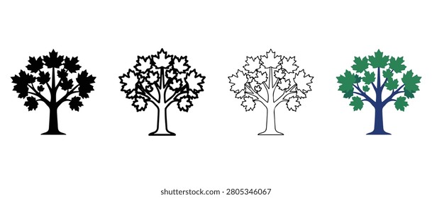 Four different colored tree silhouettes with varying leaf and trunk designs on white background tree graphics for design