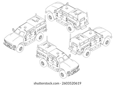 Four different colored vehicles are shown in a grid. The vehicles are all the same make and model, but they are different colors. The vehicles are all parked next to each other. Isometric view