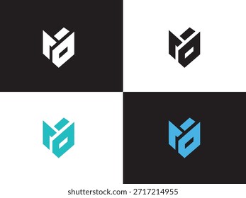 Four different colored versions of a modern, abstract 3D logo design on black and white backgrounds.