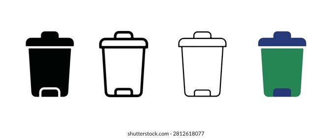Four different colored waste bins with lids and handles on white background for reuse and recycling concepts icons signs symbols