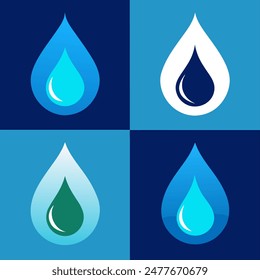 Vier verschiedene farbige Wassertropfen auf blauem Hintergrund