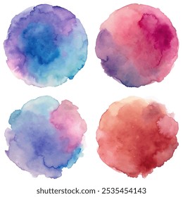 Four different colored watercolor circles. The circles are in different shades of blue, purple, pink, and red