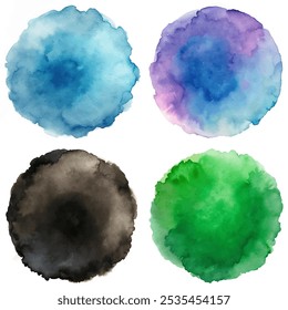 Four different colored watercolor circles. The circles are blue, green, purple, and black. The circles are all different sizes and are placed next to each other