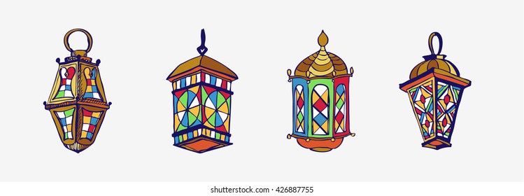 Four different Colorful Arabic Lanterns or Fanous Hand drawn ink sketch. Lanterns Traditional Decoration Fanoos Isolated on White Background