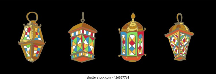 Four different Colorful Arabic Lanterns or Fanous Hand drawn ink sketch. Lanterns Traditional Decoration Fanoos Isolated on Black Background