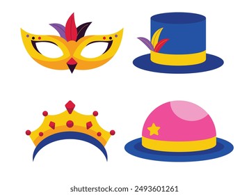 Four different colorful hats and masks, a classic carnival mask, a blue top hat, a gold crown and a pink hat, all with bright colors and a festive style.