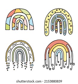 Four different and colorful rainbows for print. Hand Drawn. Freehand drawing. Doodle. Sketch.	