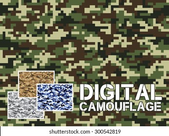 Four different colors digital camouflage military pattern for background, clothing, textile garment, wallpaper || Very easy to use, just click the camouflage pattern in color swatch