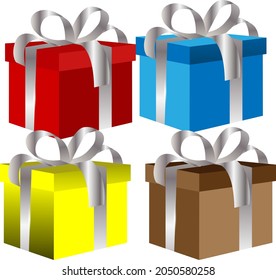 Four different colors of gifts box in blue, red, yellow and brown colors, a vector model design.