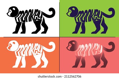Four different colors of "monkey" typography. Monkey shaped text on monkeys body.