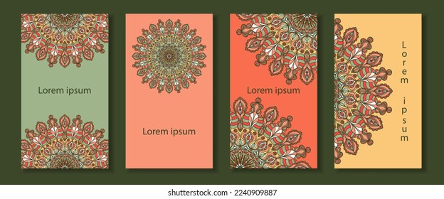 Cuatro orígenes de colores diferentes con una mandala colorida. Patrón de apertura de vectores. Patrones étnicos en el diseño de tarjetas, invitaciones, etiquetas, paquetes, tarjetas, tarjetas de visita.