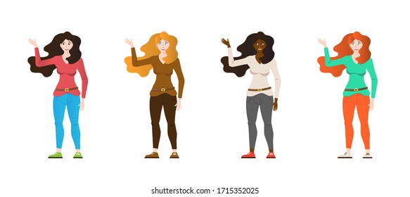 Four different coloured women flat character design , vector illustration