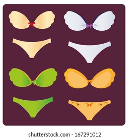 four different combinations of bra and panties with different colors