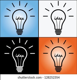 Four Different Concept Illustration of Idea using glowing bulb sign or Symbol with idea text at the middle with four different backgrounds.(Black, White, Gradient Blue and Gradient Red)