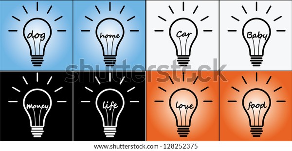 Four Different Concept Illustration of Ideas for\
Life using glowing bulb sign or Symbol with different text most\
common in life at the middle - Life, Love, Baby, Home, Car, Money,\
Dog, Food