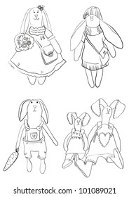 four different contour rabbits on a white background