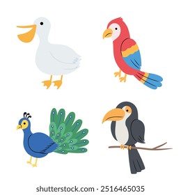 Quatro diferentes pássaros fofos em estilo de desenho animado, incluindo um pavão, tucano, papagaio e pato.