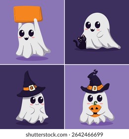 Four different cute cartoon ghost characters, each with a unique Halloween-themed pose, displayed on a purple background. One ghost holds an orange sign, one stands beside a black cat