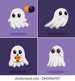 Four different cute cartoon ghost characters, each with a unique Halloween-themed pose, displayed on a purple background. One ghost holds an orange sign, one stands beside a black cat
