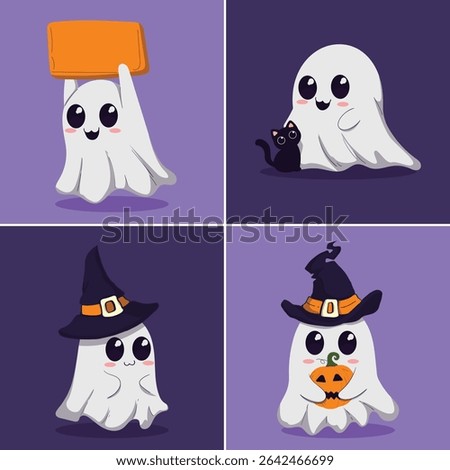 Four different cute cartoon ghost characters, each with a unique Halloween-themed pose, displayed on a purple background. One ghost holds an orange sign, one stands beside a black cat