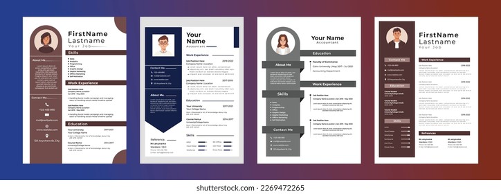 Four Different Cv Templates - Resume Template - Simple design with photo - different colores Vector Eps file - skills, work experince, references, summary, contacts, education