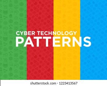 Four different Cyber technology seamless patterns with thin line icons: ai, virtual reality glasses, bionics, robotics, global network, computer game, microprocessor, nano robots. Vector illustration