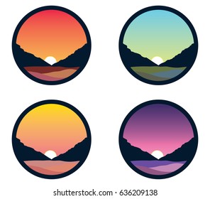 Four different daytime mountains landscape illustration
vector set, sunset, sunrise and night