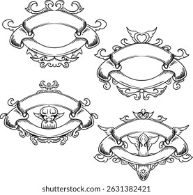 four different decorative ribbon designs, each with unique ornamental elements at the top and bottom.