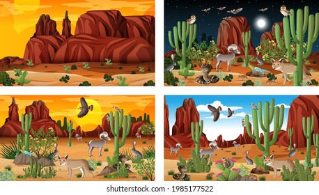 Four different desert forest landscape scenes with animals and plants illustration