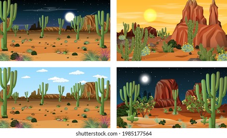 Four different desert forest landscape scenes with various desert plants illustration