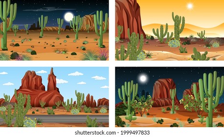 Four different desert forest landscape scenes with various desert plants illustration