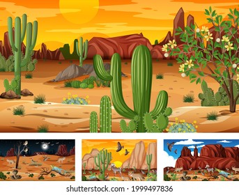 Four different desert forest landscape scenes with animals and plants illustration
