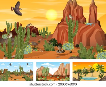 Four different desert forest landscape scenes with animals and plants illustration