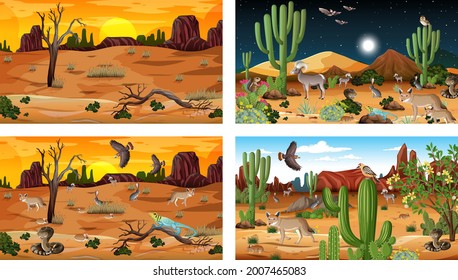 Four different desert forest landscape scenes with animals and plants illustration