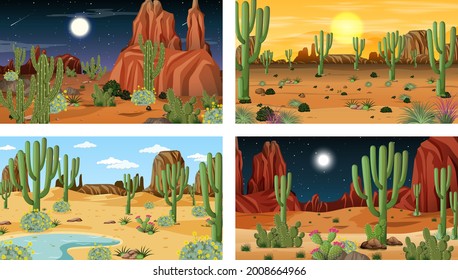 Four different desert forest landscape scenes with various desert plants illustration