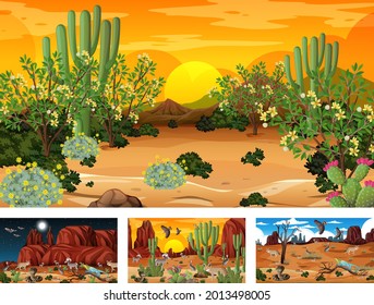 Four different desert forest landscape scenes with animals and plants illustration