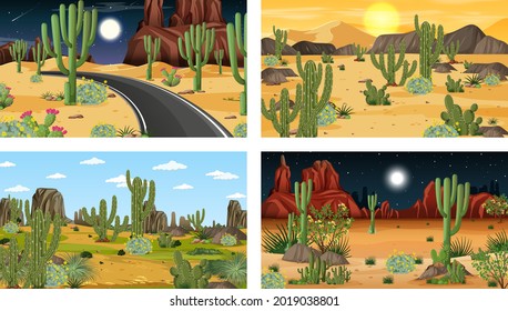 Four different desert forest landscape scenes with various desert plants illustration