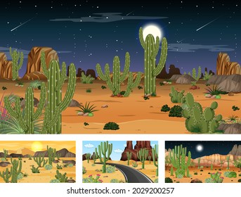 Four different desert forest landscape scenes with various desert plants illustration