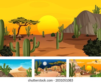 Cuatro paisajes forestales del desierto diferentes con ilustraciones de animales y plantas