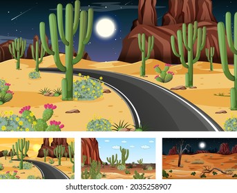 Vier verschiedene Szenen der Wüstenlandschaft mit verschiedenen Wüstenpflanzen Illustration