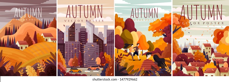 Four different designs for autumn posters with colorful fall landscapes, cityscape and country scenes in a cartoon Vector illustration