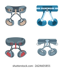 Quatro diferentes desenhos de arneses de escalada para segurança em montanhismo, isolados em um fundo branco
