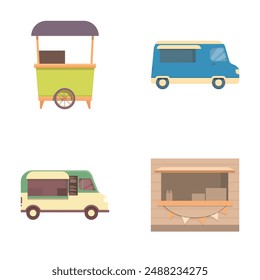 Four different detailed illustrations of vibrant food trucks and market stalls for vending