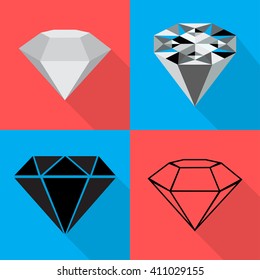 Four different diamond on different backgrounds in flat vector illustration