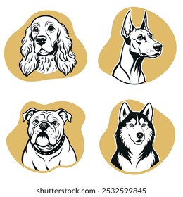 Four different dog breeds are shown in a row, each with a different expression. The first dog has a serious look, while the second has a more playful expression